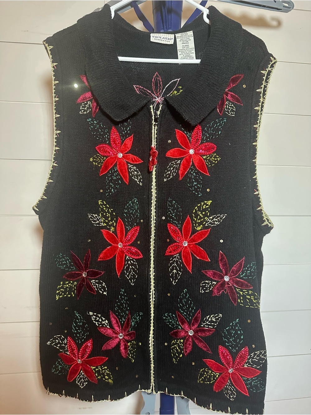 #140 White Stag Black Zip-Front Sweater Vest with Red Floral Embroidery
